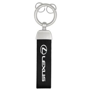 LEXUS Premium Lexus Logo Black Leather/Fabric Strap Key Fob Accessory with Polished Silver Key Ring and Detachable Split Rings