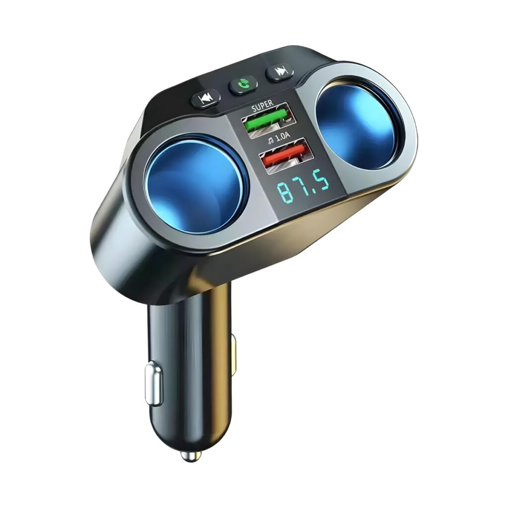 MAKETOP Bluetooth 5.0 Car FM Transmitter with Dual USB Fast Charging 3.1A, Wireless Audio Receiver, Hands-Free Calling, LED Voltage Display, Dual Cigarette Lighter Socket, 12V-24V Universal Car Charger